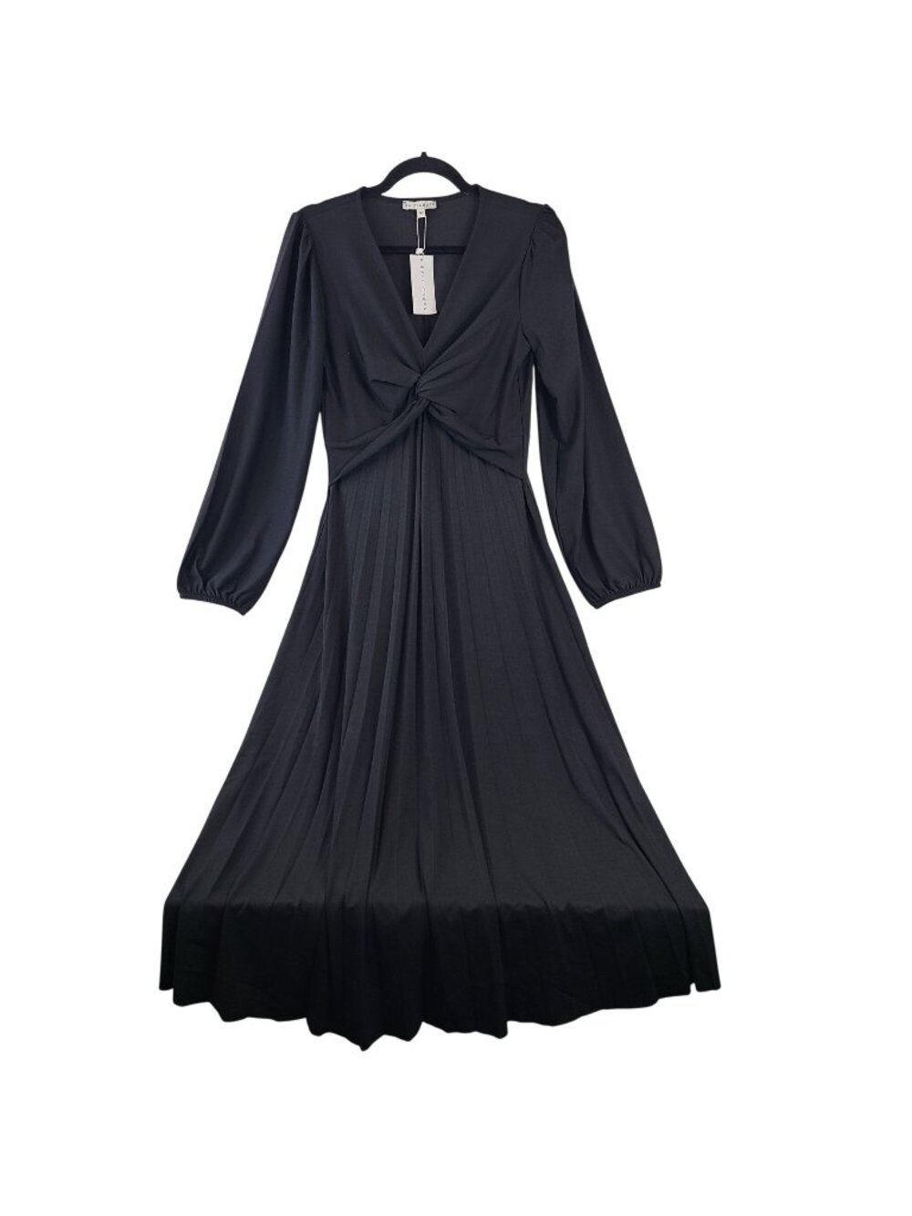 NEW Baltic Born Lynda Pleated Midi Dress Black Long Sleeve Knot Front Sz M